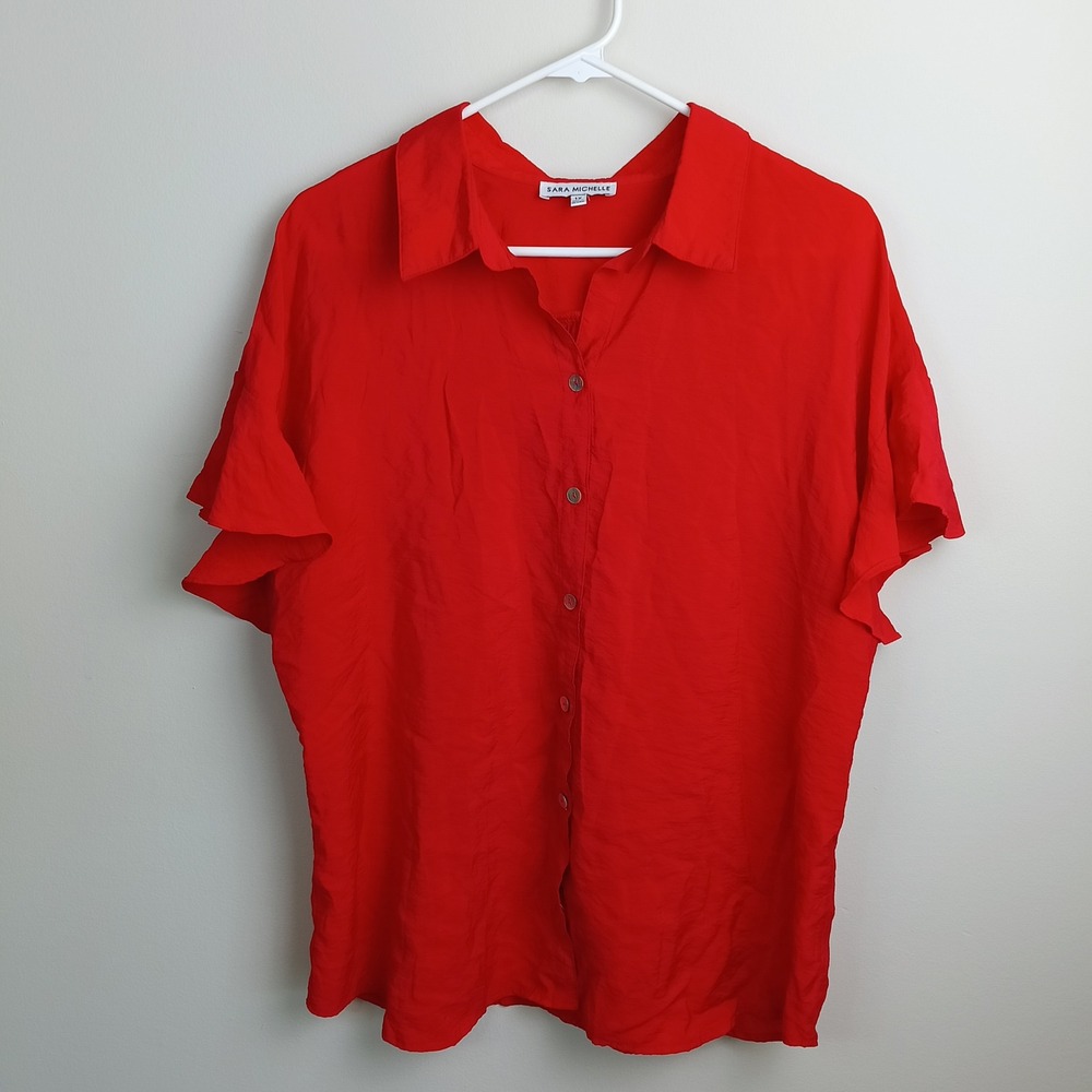 Sara Michelle Button Down Blouse Womens 1X Red Excellent Ruffle Short Sleeve